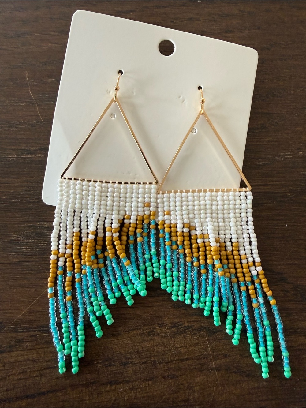 Handcrafted Gold-Tone Beaded Fringe Earrings in White, Mustard & Teal